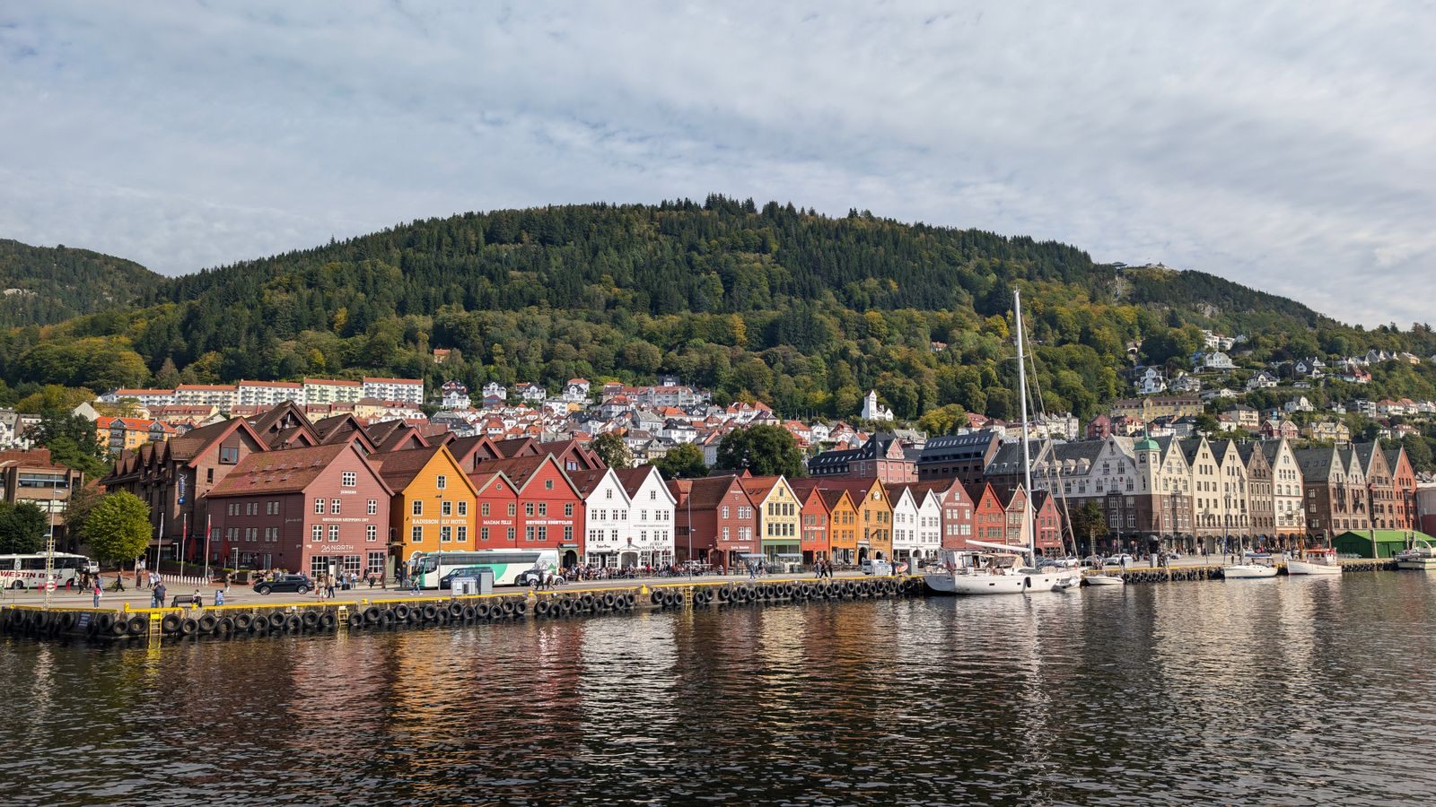 The colorful wooden buildings of Bryggen on the Bergen harbor, with a wooded mountain behind